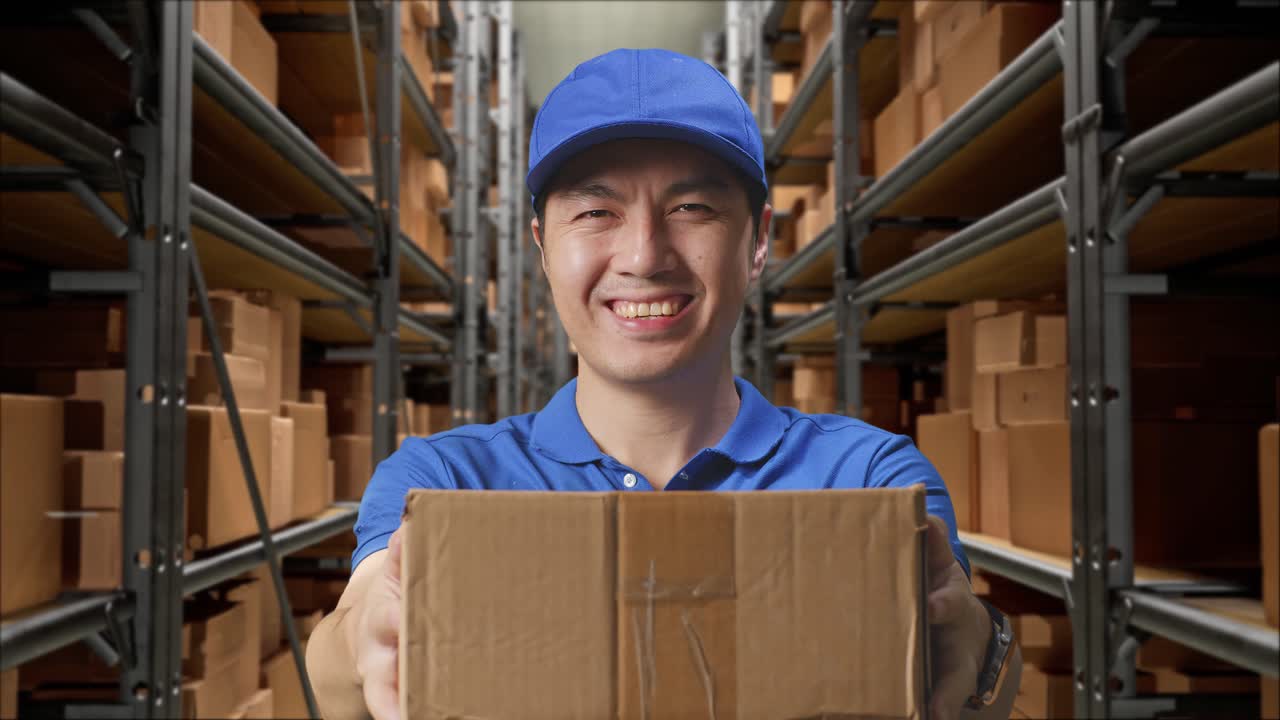 창고 에서 패키지 를 전달 하는 배달 노동자