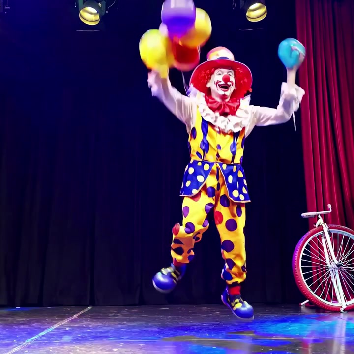Palhaço feliz fazendo malabarismo com balões coloridos no palco.