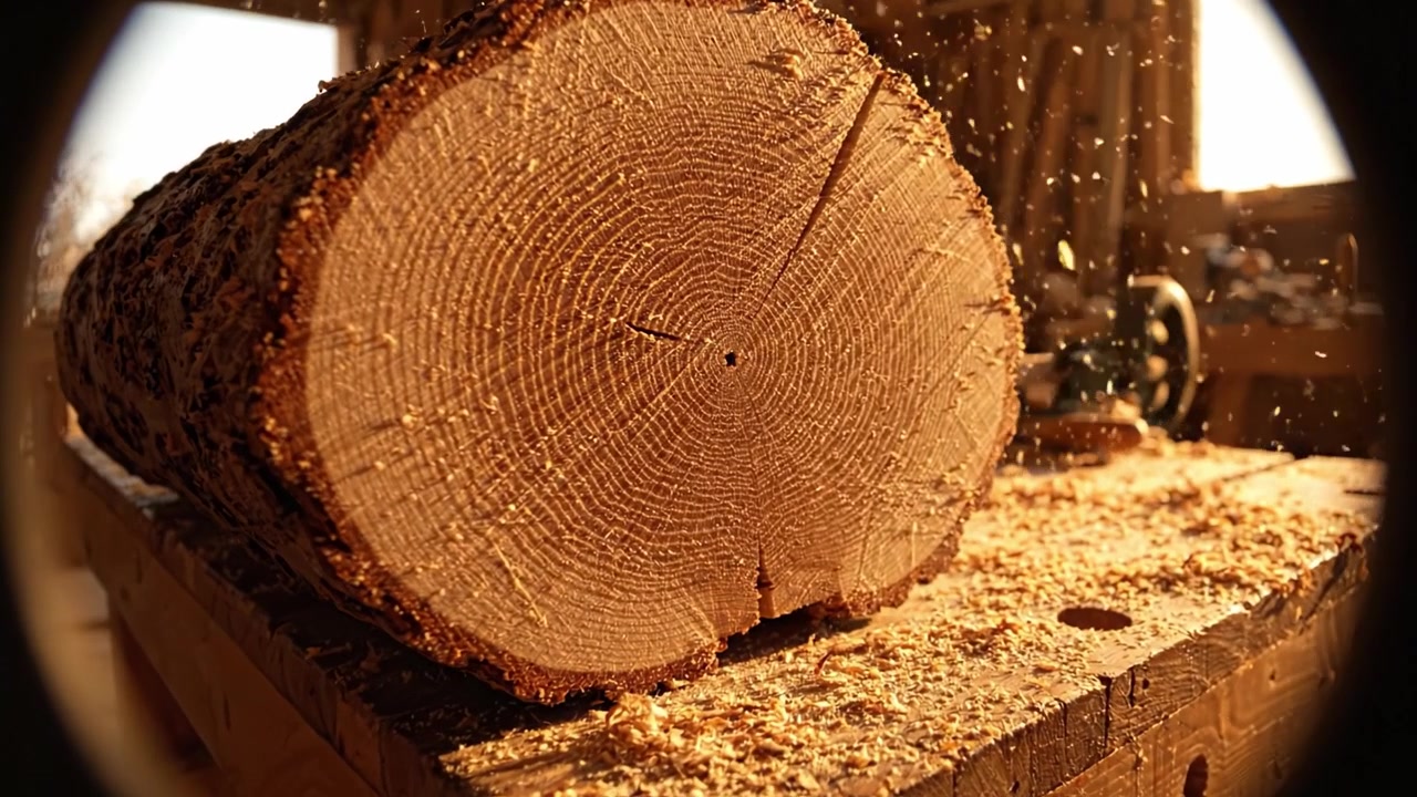 Ein schön geschnittenes Holzscheit auf einer Werkbank mit fliegenden Spänen in einer sonnendurchfluteten Werkstatt, die eine warme und einladende Atmosphäre für Handwerkskunst und Holzarbeiten schafft.