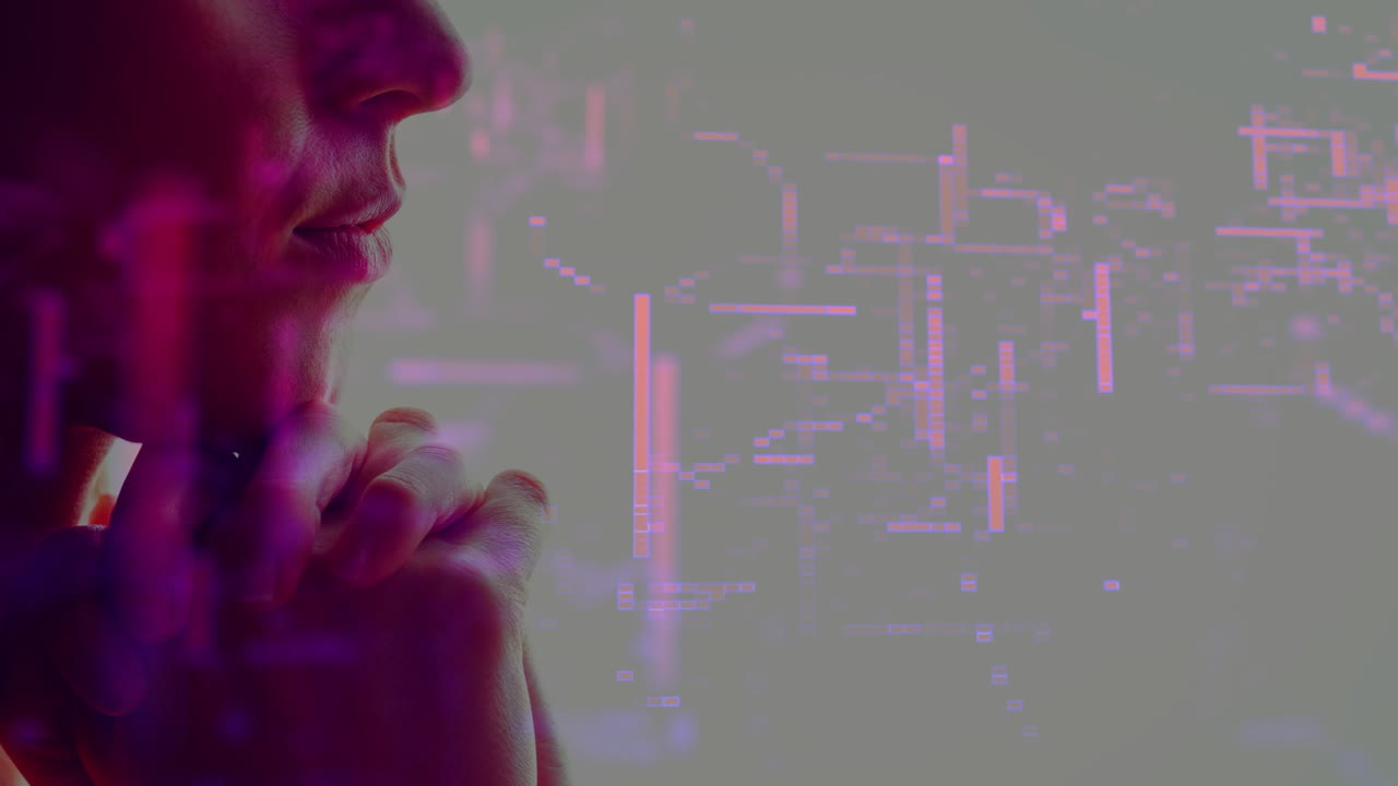 Thinking over animation, person with digital data visualization in purple tones