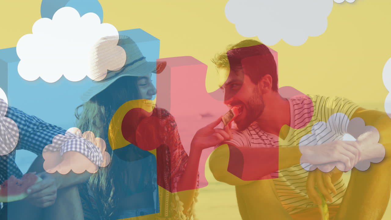 animación de coloridas piezas de rompecabezas sobre amigos felices en la fiesta de playa de verano