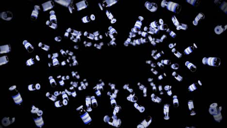 volando muchas botellas de vacunas en fondo negro. concepto médico. cura de virus. líquido transparente. animación de bucle 3d de vacunas.