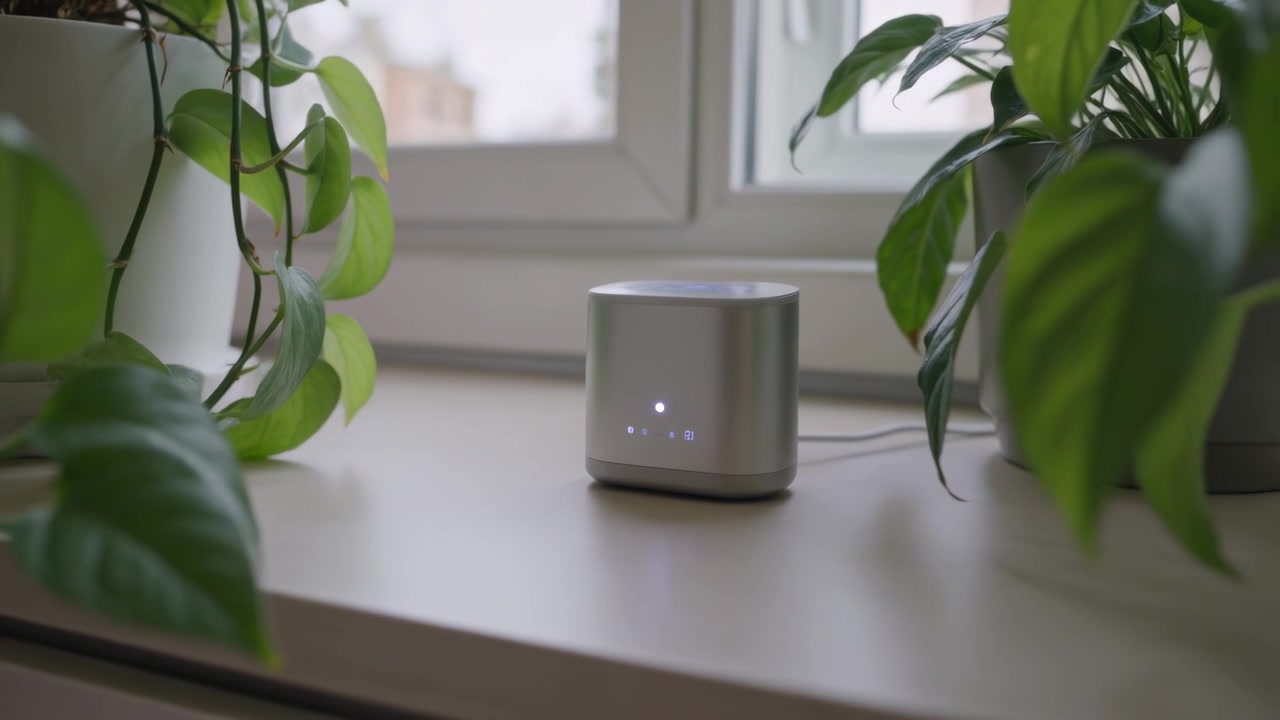 Recording camera shifting focus, showing cube device pulsing on windowsill with plants swaying