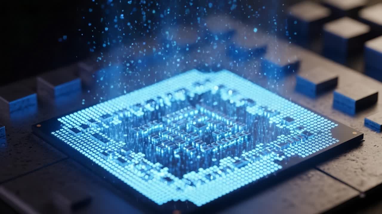 A Close-Up View of a Cluster of Pulsating Blue Semiconductor Components Surrounded by Particles, Showcasing Advanced Technology and Innovative Design