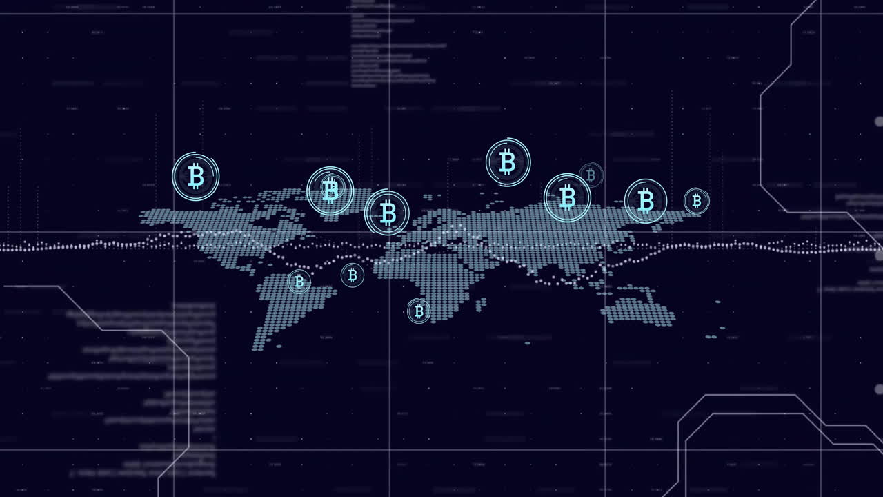 Bitcoin symbols and blockchain network animation over world map