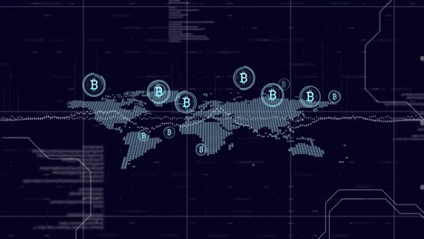 bitcoin symbols and blockchain network animation over world map