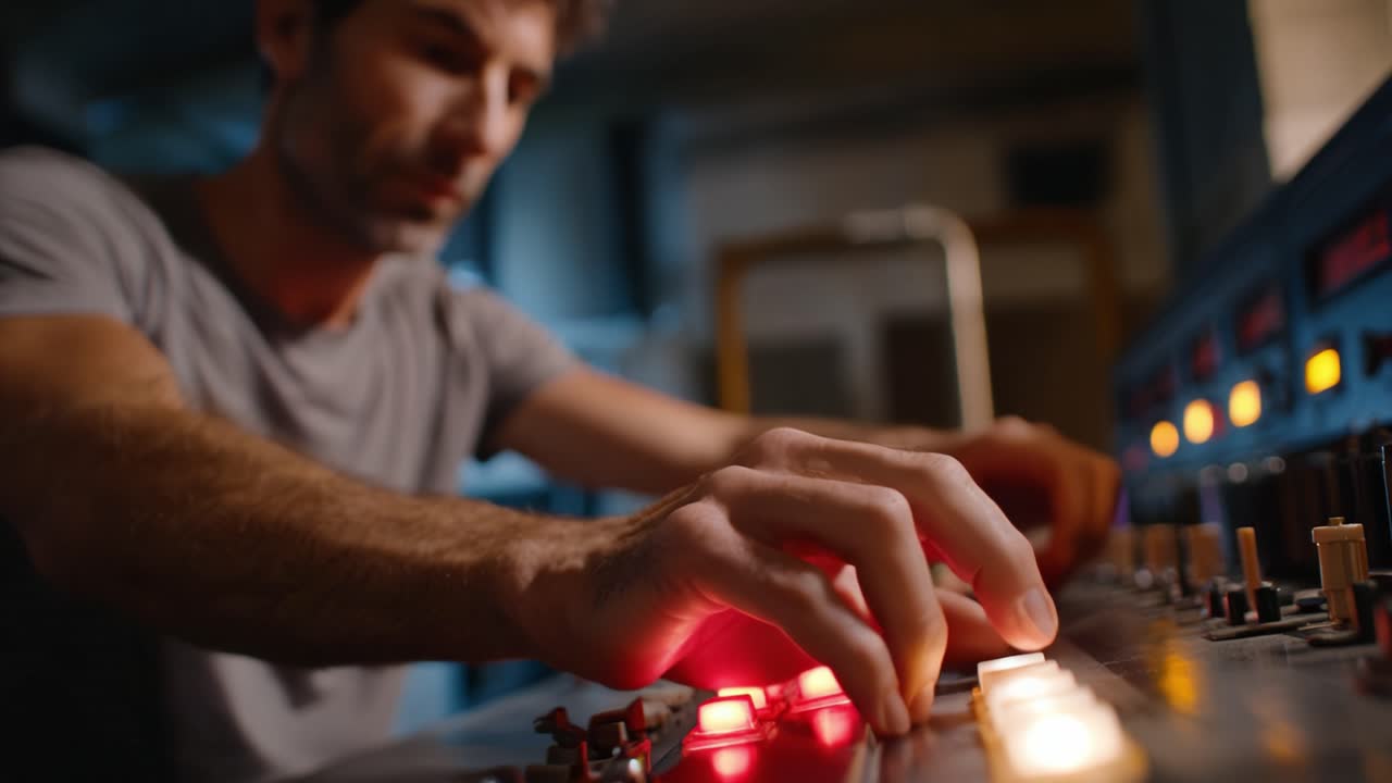 Focused Music Producer Elevating Sound Quality by Adjusting Controls on a Mixing Console in a Studio Environment with Dynamic Lighting Effects