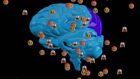 emojis moviéndose contra el modelo de cerebro humano en 3d girando