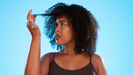 Afro,-hair-damage-and-confused-black-woman-on-blue