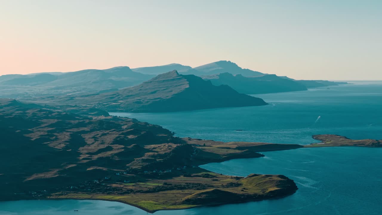 Aerial view of a Scottish coastline with mountains and the ocean
