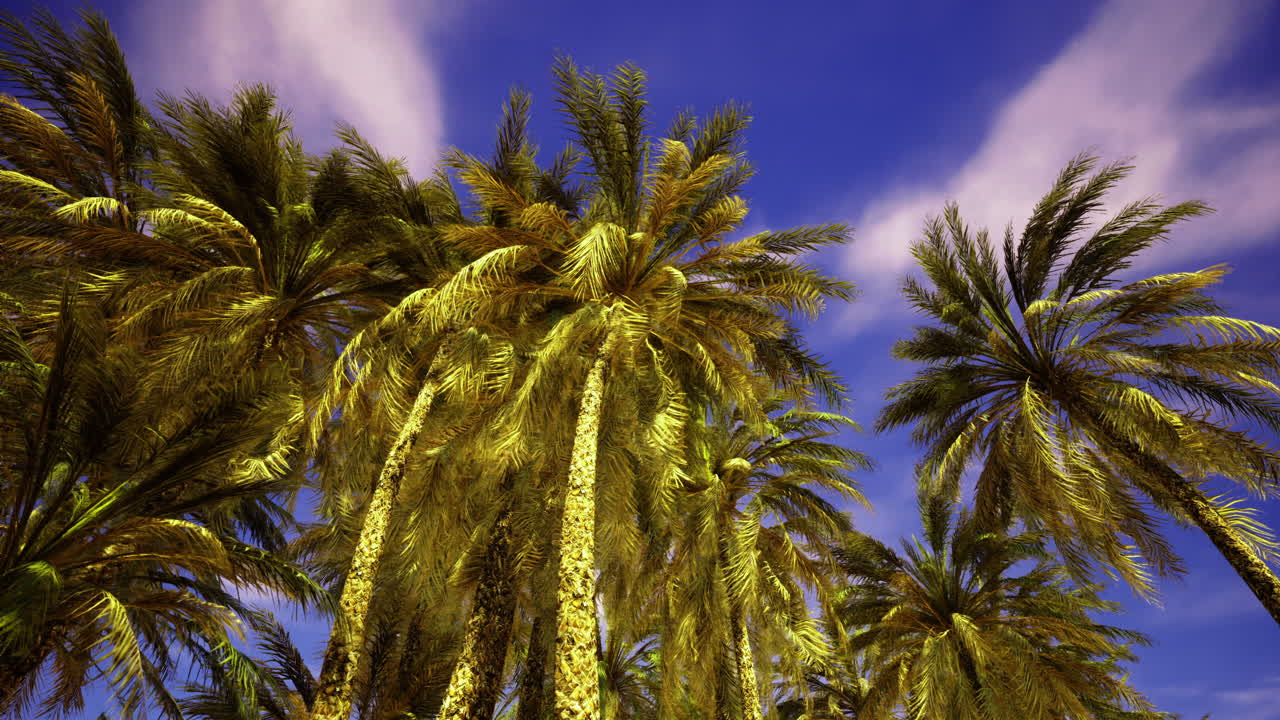 Palme lussureggianti che si protendono verso un cielo blu brillante in un ambiente tropicale