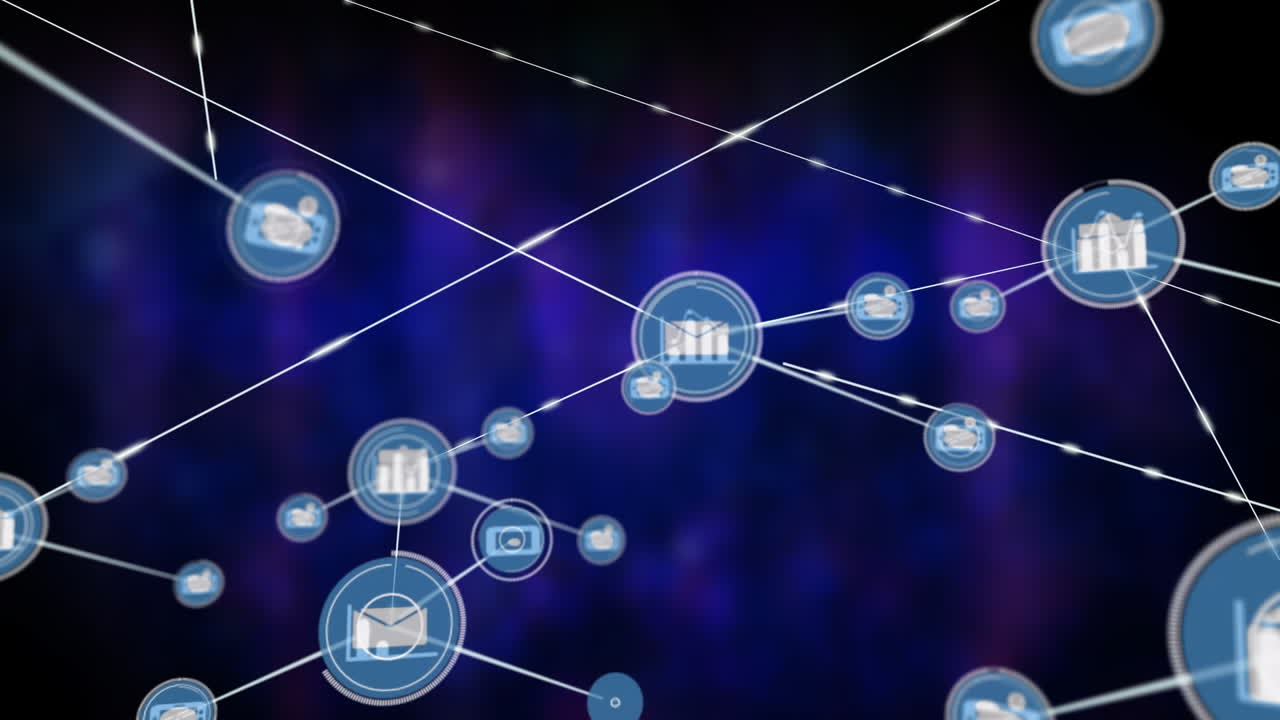 Animation of network of digital icons against blue background