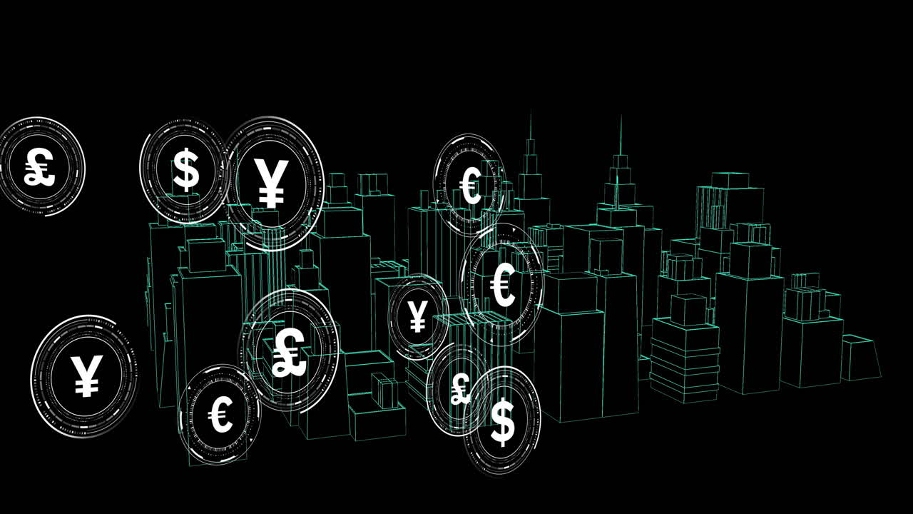 Animation of currency symbols over digital city on black background