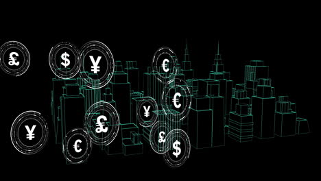 animation of currency symbols over digital city on black background