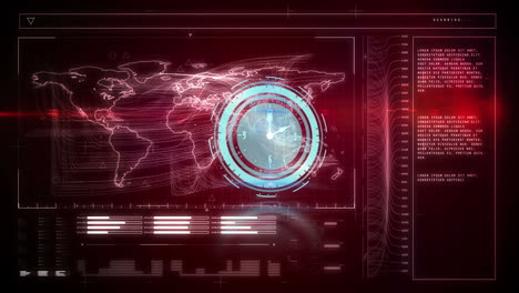 animación de escaneo de alcance con reloj sobre el procesamiento de datos sobre fondo rojo