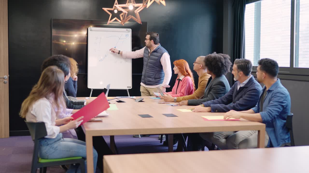Man presenting a new project in a coworking during meeting