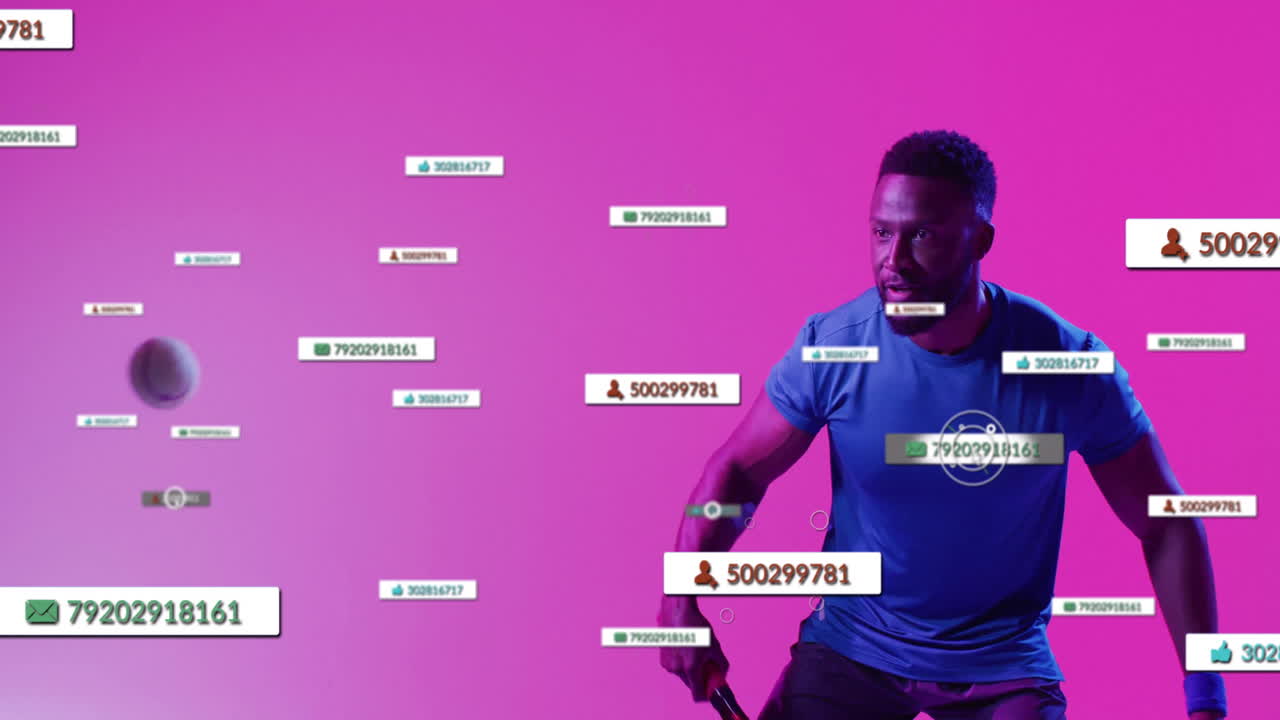 Man swinging paddle over gradient background, showing floating social media metrics and UI markers