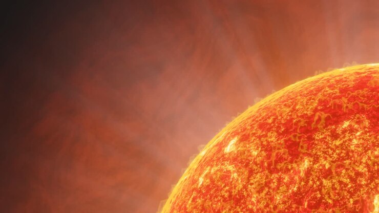 3D animation showing a detailed closeup of the Sun with gas shooting out
