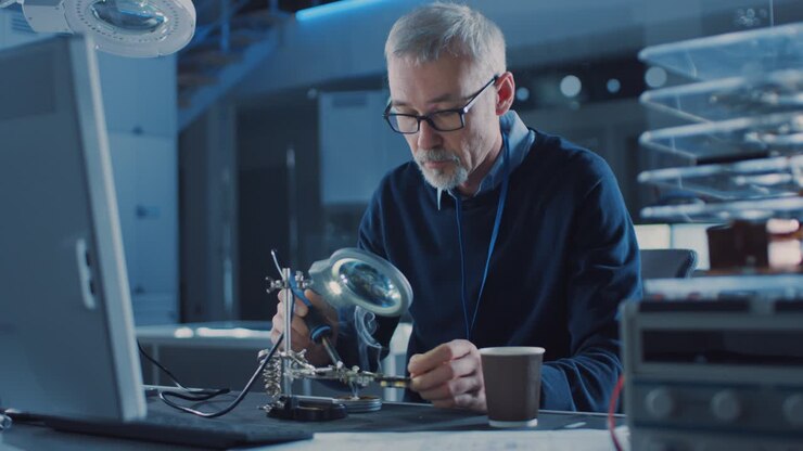 Electronics Maintenance Engineer Enters His Workshop with Coffee Beginss Soldering of Circuit Board, Looking through Magnifying Glass, Consults Personal Computer. Electronics Repair and Testing