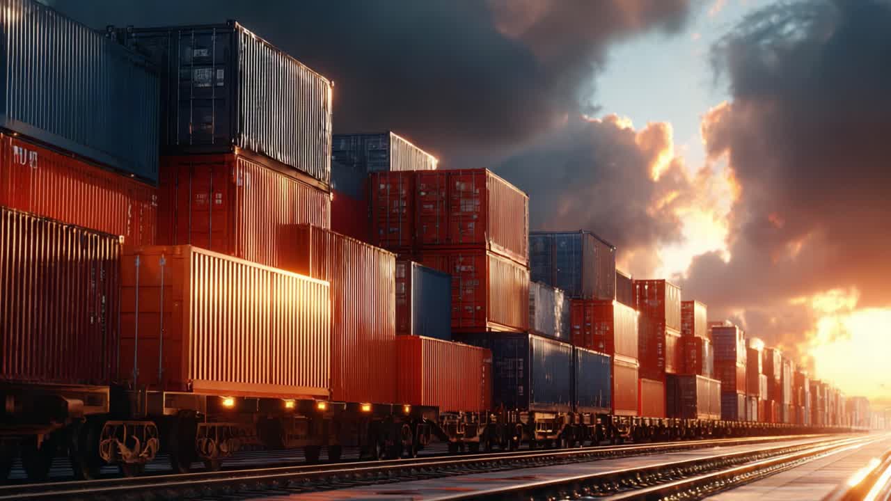 Colorful Shipping Containers at Sunset: A Stunning Freight Scene Capturing the Beauty of Cargo Transport and Railways with Glowing Hues in the Evening Sky