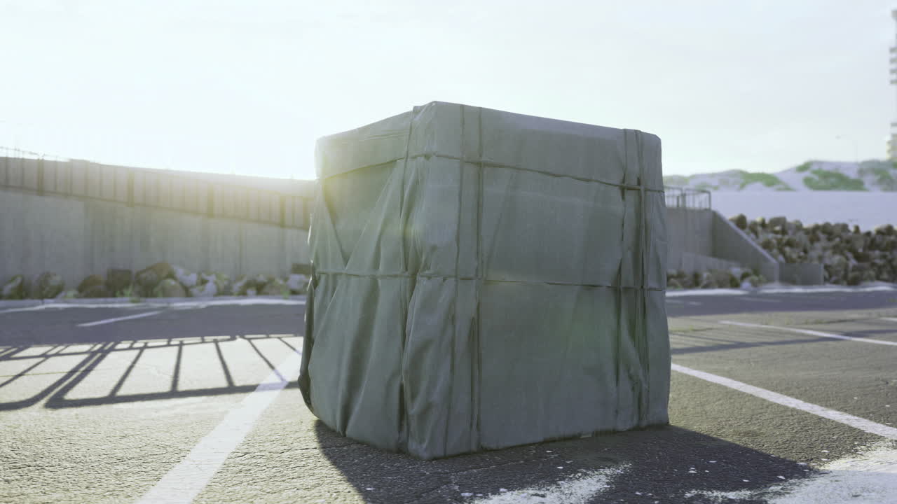 Unique urban installation under the warm afternoon sun in a parking lot