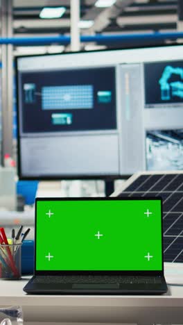vertical video green screen laptop in photovoltaics factory used to monitor performance