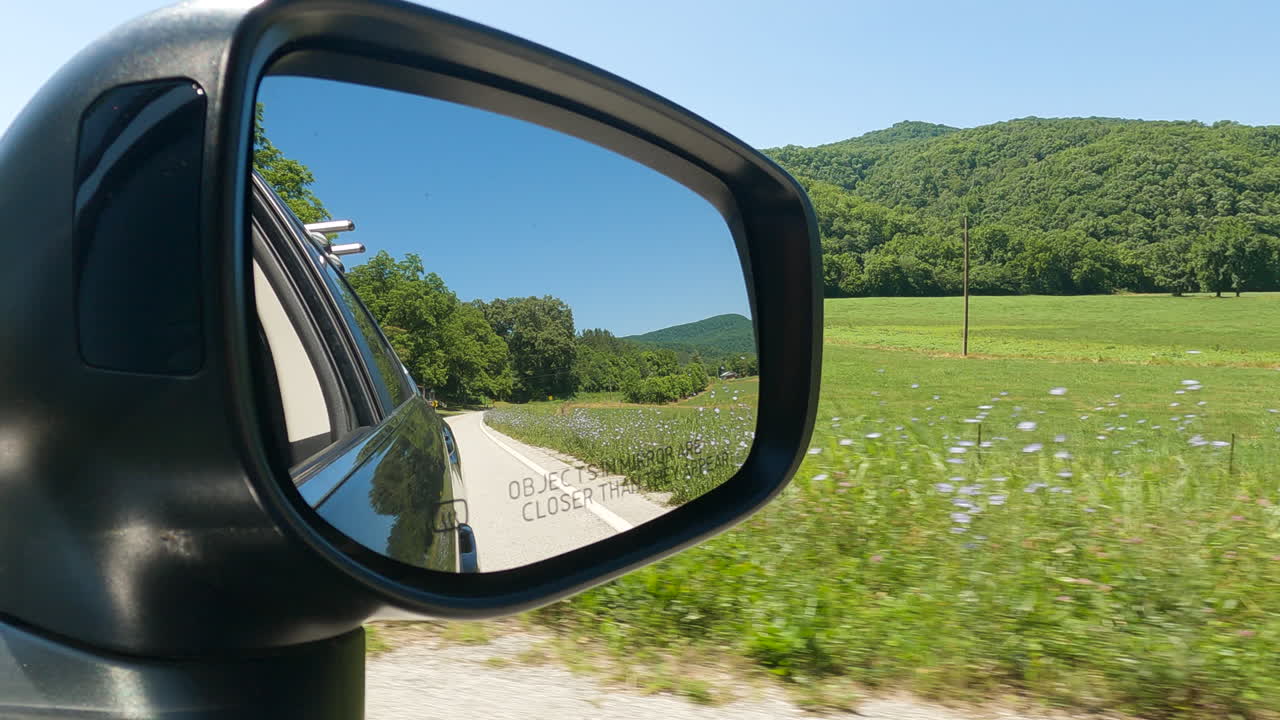 Green Natural Landscape Seen Through Side Mirror From Car's Driver Seat