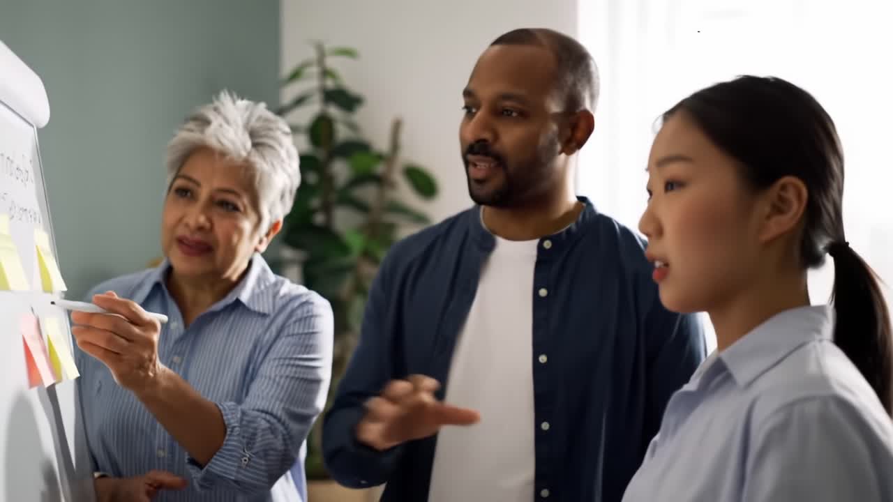 A Collaborative Discussion Among Diverse Colleagues in a Modern Workspace Focusing on Creative Solutions and Innovative Ideas Through Visual Aids