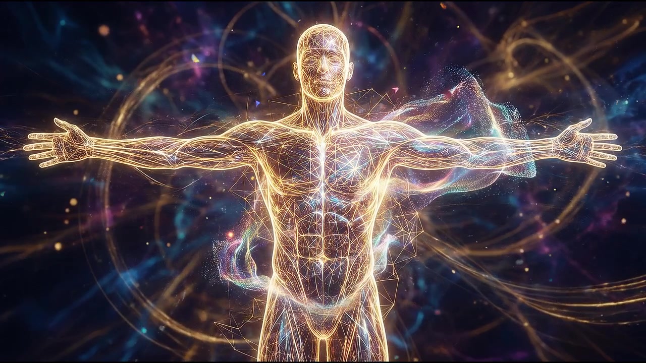 Golden luminous human figure with extended arms and energy flow lines in abstract sci-fi environment