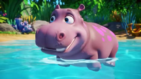 a playful and cheerful animated hippo enjoying a refreshing swim in a vibrant tropical setting, surrounded by lush greenery and colorful underwater life