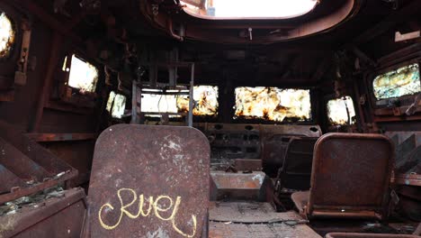 interior of burnt out russian tigr mv military vehicle destroyed in mariupol city battle during war in ukraine