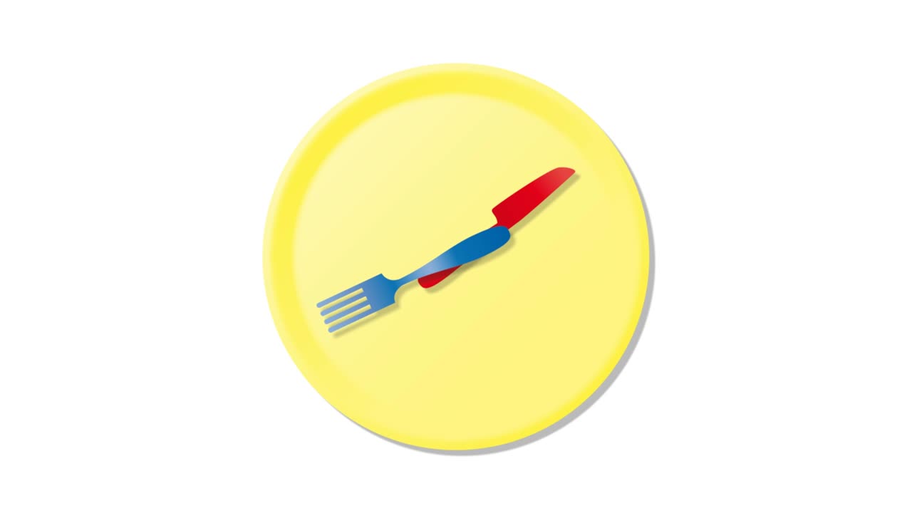 Time to eat. A plate with a clock. Yellow plate with knife and fork as a watch hand.  Loopable graphic element