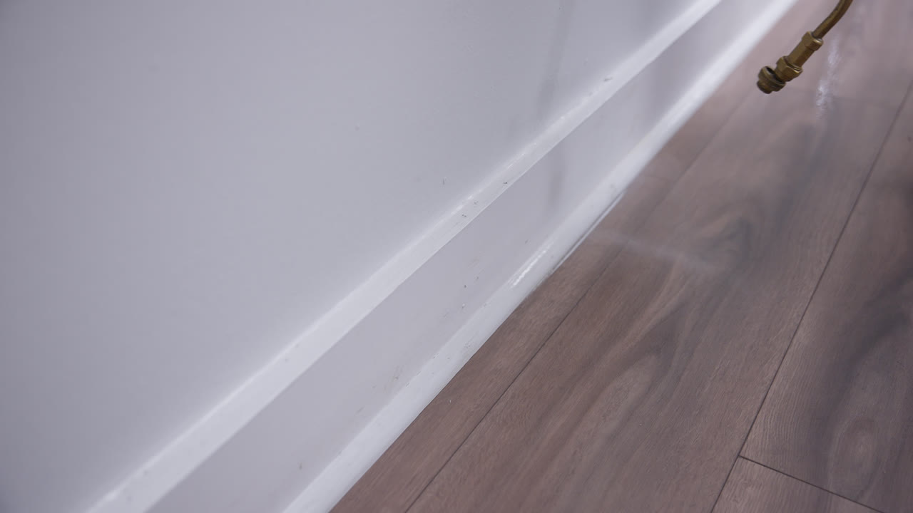 Close up of pest control application be sprayed along office baseboards and flooring using sprayer hose