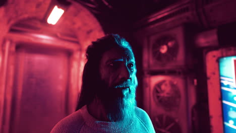 a man with long hair and a beard standing in a dark industrial tunnel with red and blue neon lights