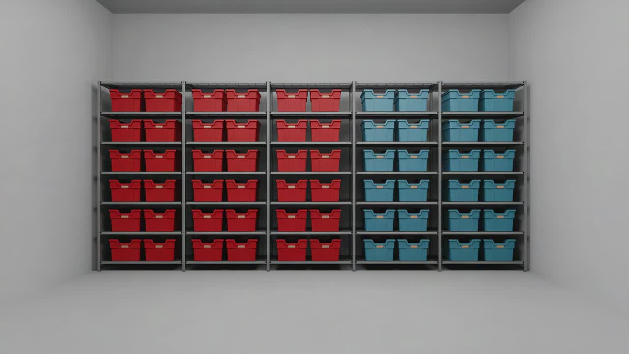 Avvio della riproduzione, la camera si sposta verso gli scaffali metallici sulla parete del magazzino, rivelando contenitori rosso-blu