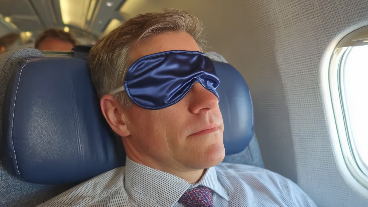 A Relaxed Traveler Enjoys a Peaceful Moment with an Eye Mask While Flying on an Airplane, Embracing Comfort and Rest in the Sky