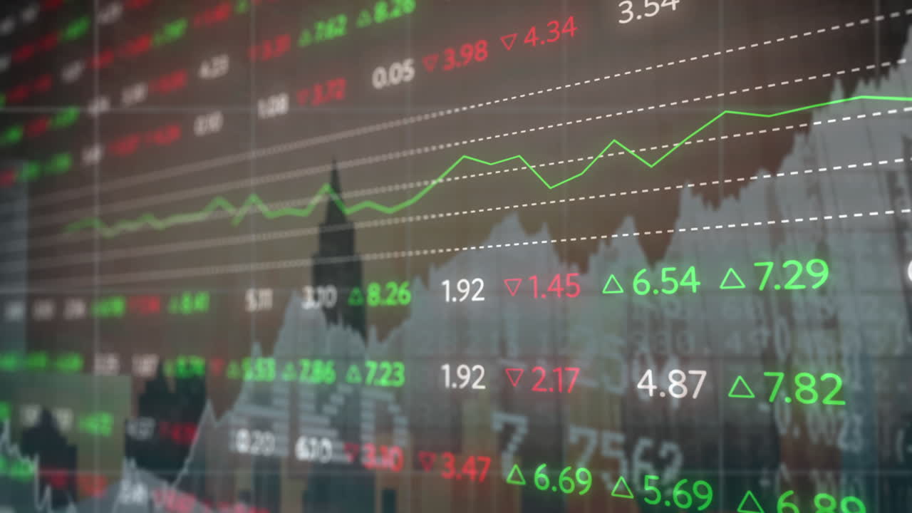 animación de datos financieros y gráficos sobre el paisaje urbano