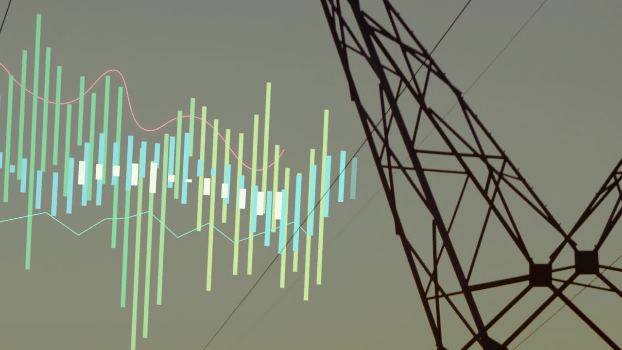 전력 전송 타워의 실루에 대한 금융 데이터 차트 애니메이션