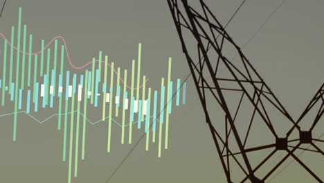 financial data chart animation over silhouette of power transmission tower