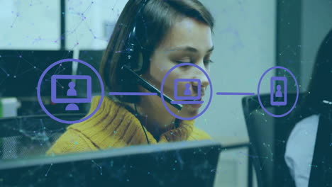 animación de la red de iconos sobre diversas personas de negocios con auriculares de teléfono