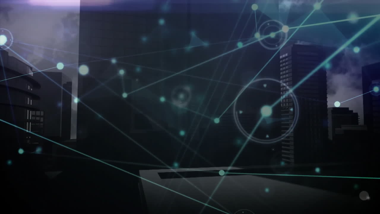 Network connections and data points animation over cityscape at night