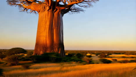 large baobab tree in an african savanna landscape at sunset