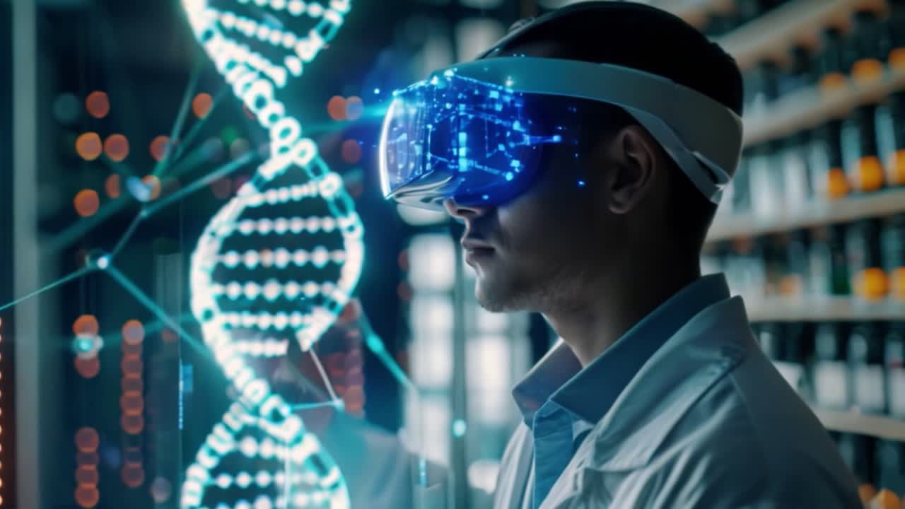 Scientist in VR headset studying holographic DNA in a lab