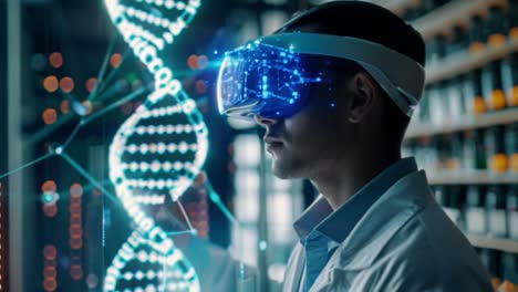scientist in vr headset studying holographic dna in a lab