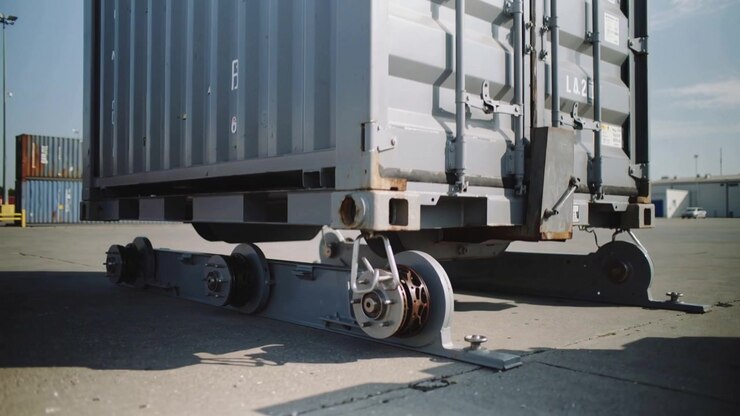 Lowering crane placing shipping container onto dolly chassis at yard for pickup, rear doors visible