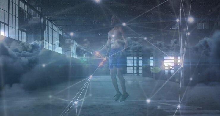 Animation of data processing over clouds and caucasian sportsman jumping rope