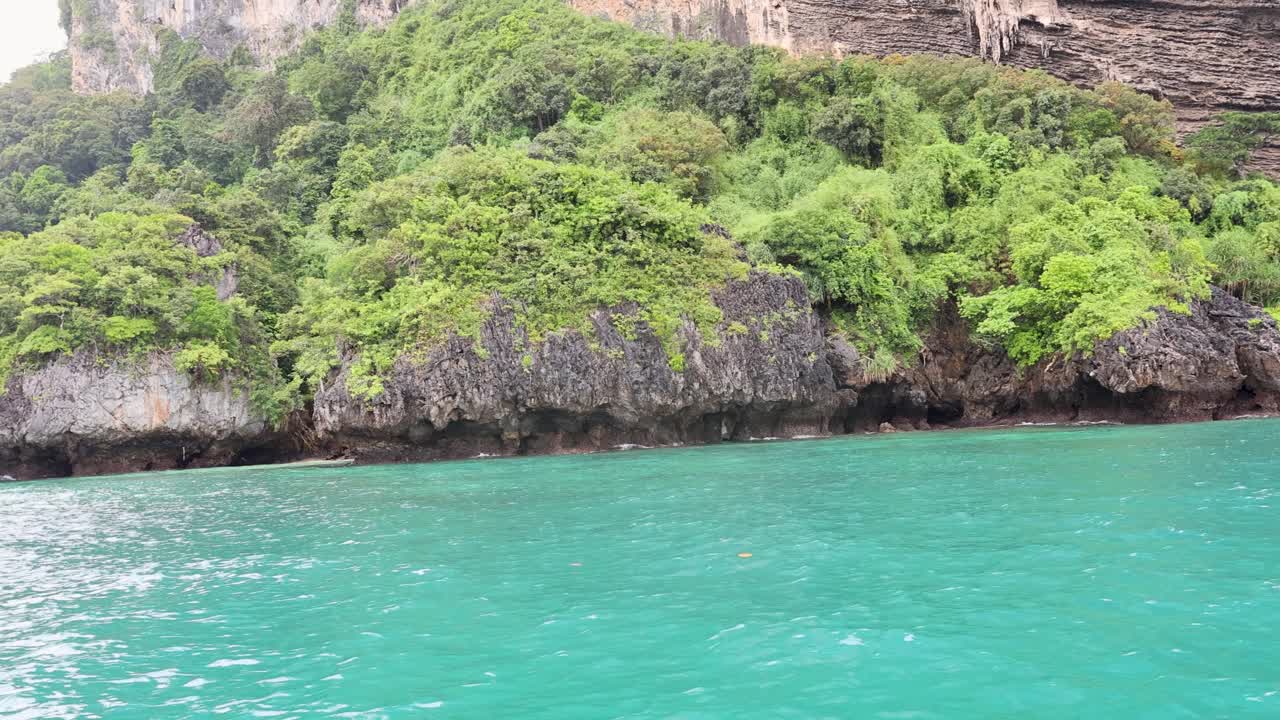Panorami lussureggianti dell'isola da una barca in movimento