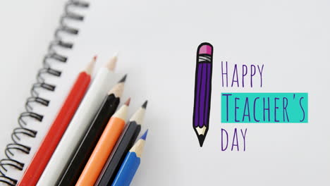 animation of happy teacher's day text and pencils with notebook on white background