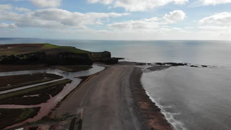 Aerial-forward-shot-of-Budleigh-Salterton-Beach-Devon-England