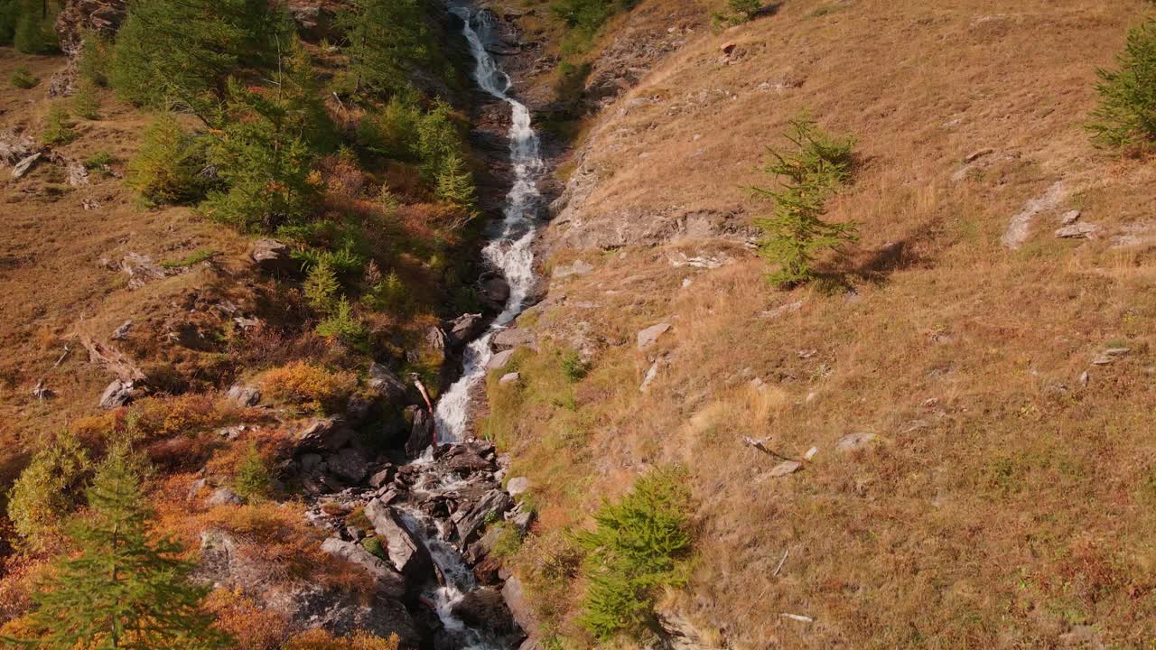 arroyo de montaña en cascada sobre rocas que fluyen río abajo en valle argentera, piemonte, italia